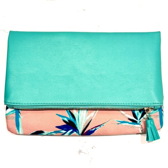 Anthropologie Pink and Green Faux Leather Fold Over Reversible Clutch NWOT - Picture 5 of 11